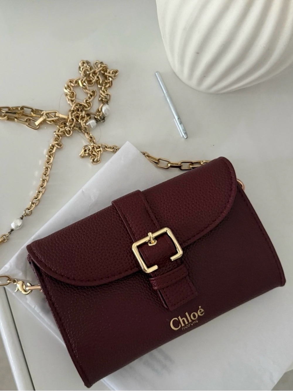 Chloé Burgundy Pebbled Faux Leather Key & Card Holder with Gold Buckle - Picture 5 of 6